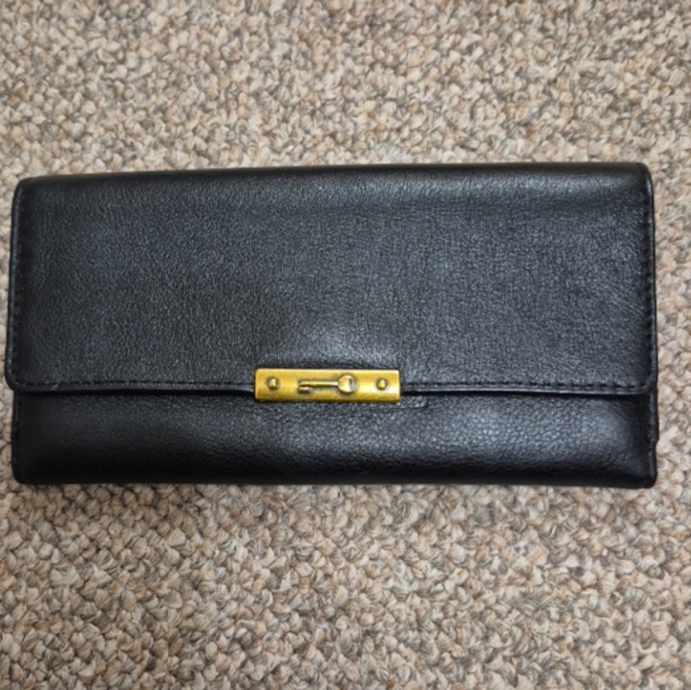 Fossil Large Black Double Flap Bifold Leather Wallet with Gold Accent NWOT
